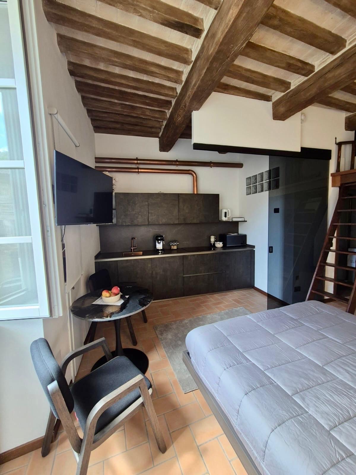 Vista d'insieme dell'appartamento con angolo cucina, zona pranzo e letto